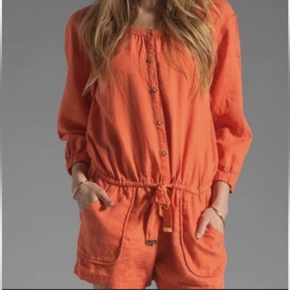Juicy Couture Orange Linen Short Romper Jumpsuit L